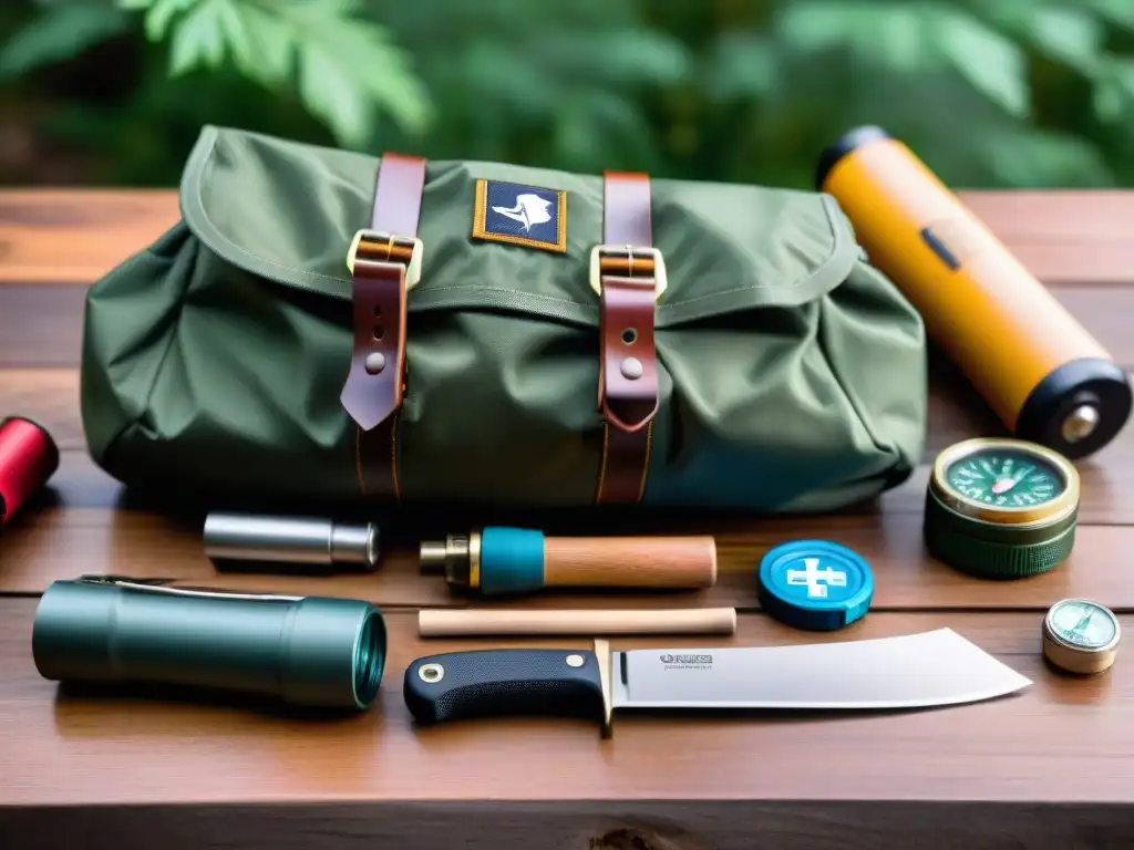 Kit de supervivencia bushcraft: esencial y listo para la aventura Un kit básico bushcraft meticulosamente organizado en una mesa de madera, listo para la aventura en el camping