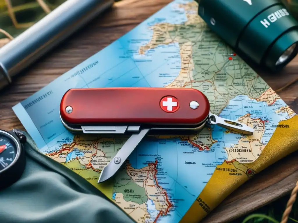 Exploración nocturna en Uruguay: navaja suiza, brújula y linterna Kit supervivencia camping Uruguay: Detalle de navaja suiza sobre mapa, linterna iluminando brújula y mochila con equipamiento bajo cielo estrellado