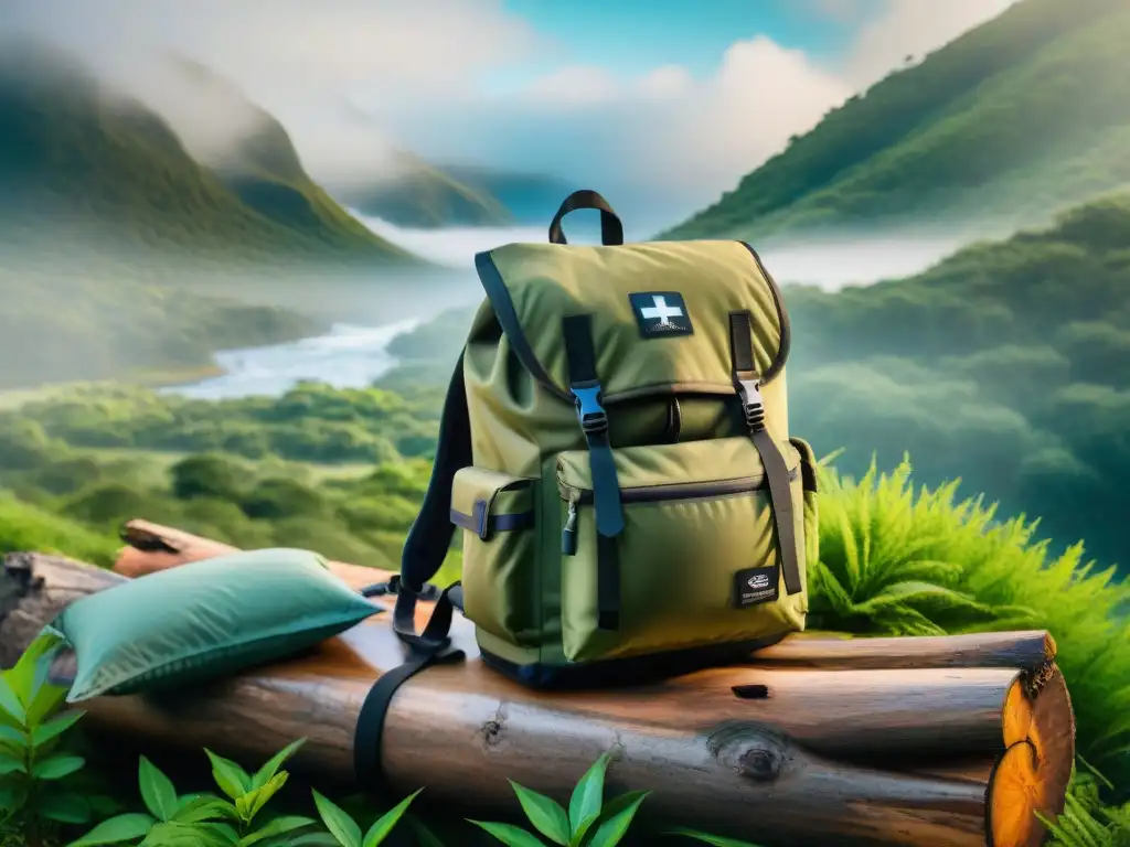 Equipo de supervivencia en mochila: preparación y aventura en Uruguay Kit supervivencia camping Uruguay: Mochila organizada con suministros esenciales en entorno natural sereno