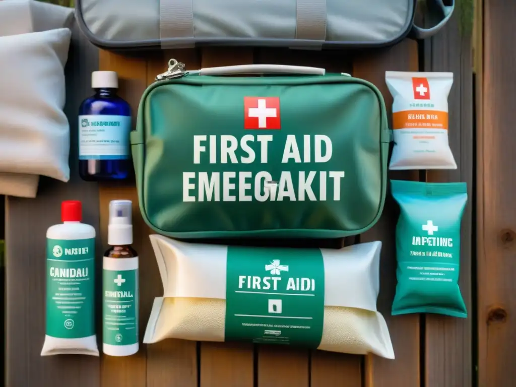 Kit de primeros auxilios completo en mesa de madera para camping Un kit de primeros auxilios para camping en Uruguay, listo y bien organizado sobre mesa rústica