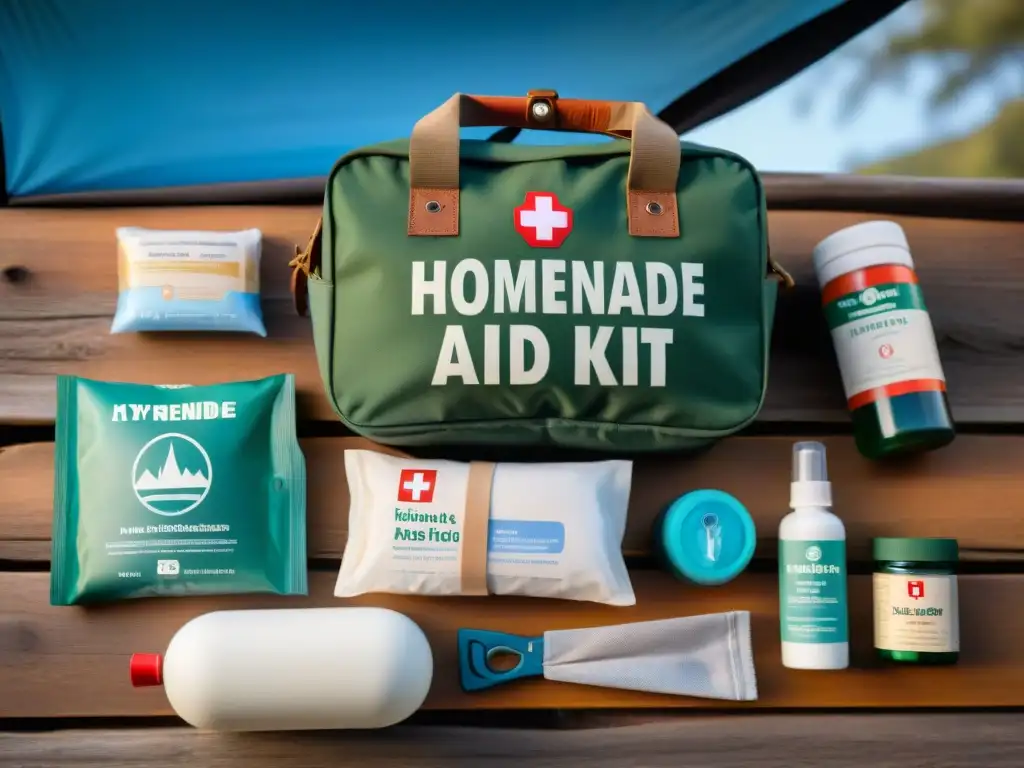 Kit de primeros auxilios: preparación para emergencias en la naturaleza Un kit de primeros auxilios casero sobre una superficie de madera, con vendas, tijeras, medicamentos y entorno de camping rústico