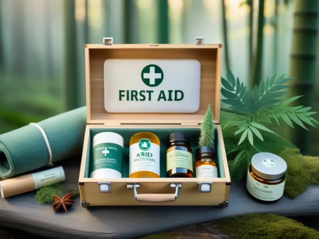 Kit de primeros auxilios casero: naturaleza y cuidado en cada detalle Un kit de primeros auxilios casero de bambú y lienzo, lleno de remedios naturales en un entorno de camping rústico