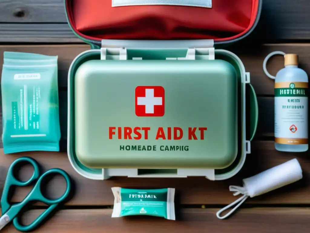 Kit de primeros auxilios casero para camping: organización y seguridad Kit de primeros auxilios casero organizado en mesa de madera, listo para camping
