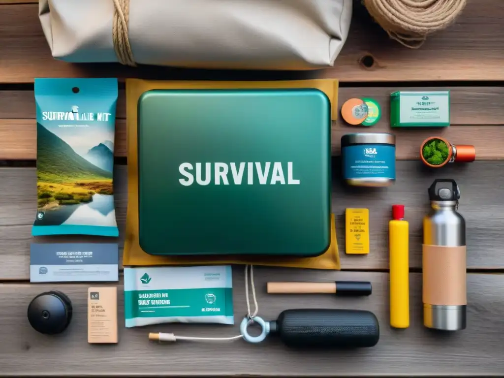 Kit de supervivencia artesanal con detalle en mesa rústica Kit de supervivencia para camping en Uruguay, detallado en mesa rústica con herramientas y accesorios útiles