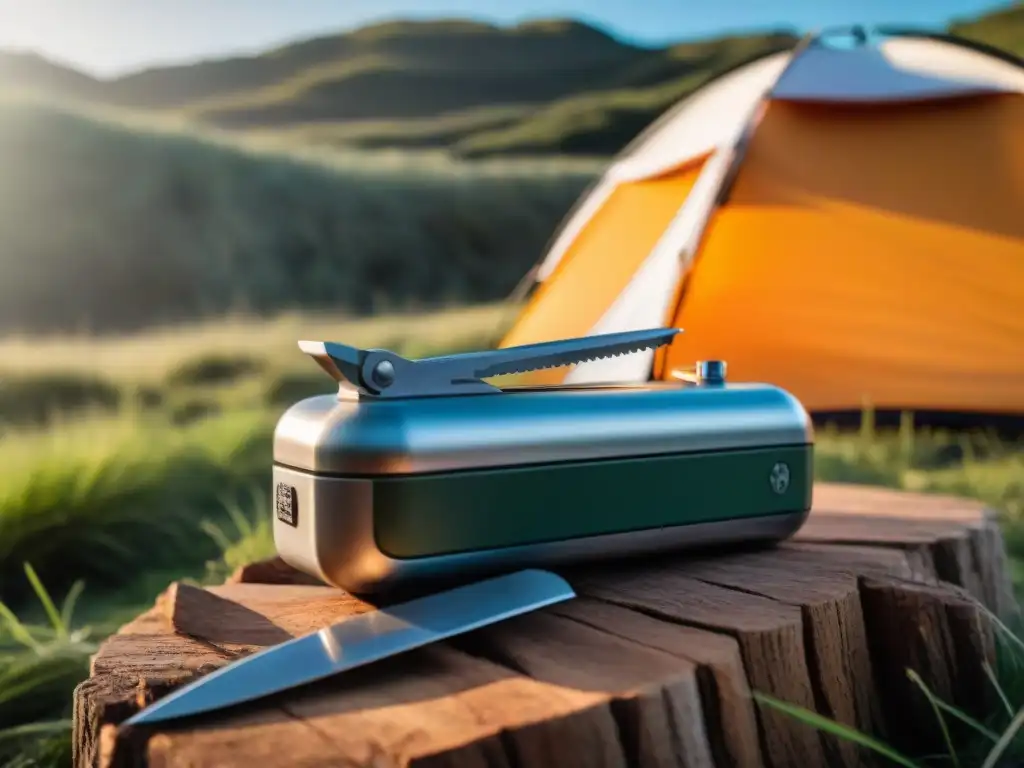 Multiherramienta compacta: esencial para la supervivencia en Uruguay Kit de supervivencia para camping en Uruguay: Herramienta compacta detallada brillando bajo el sol, con campamento de fondo