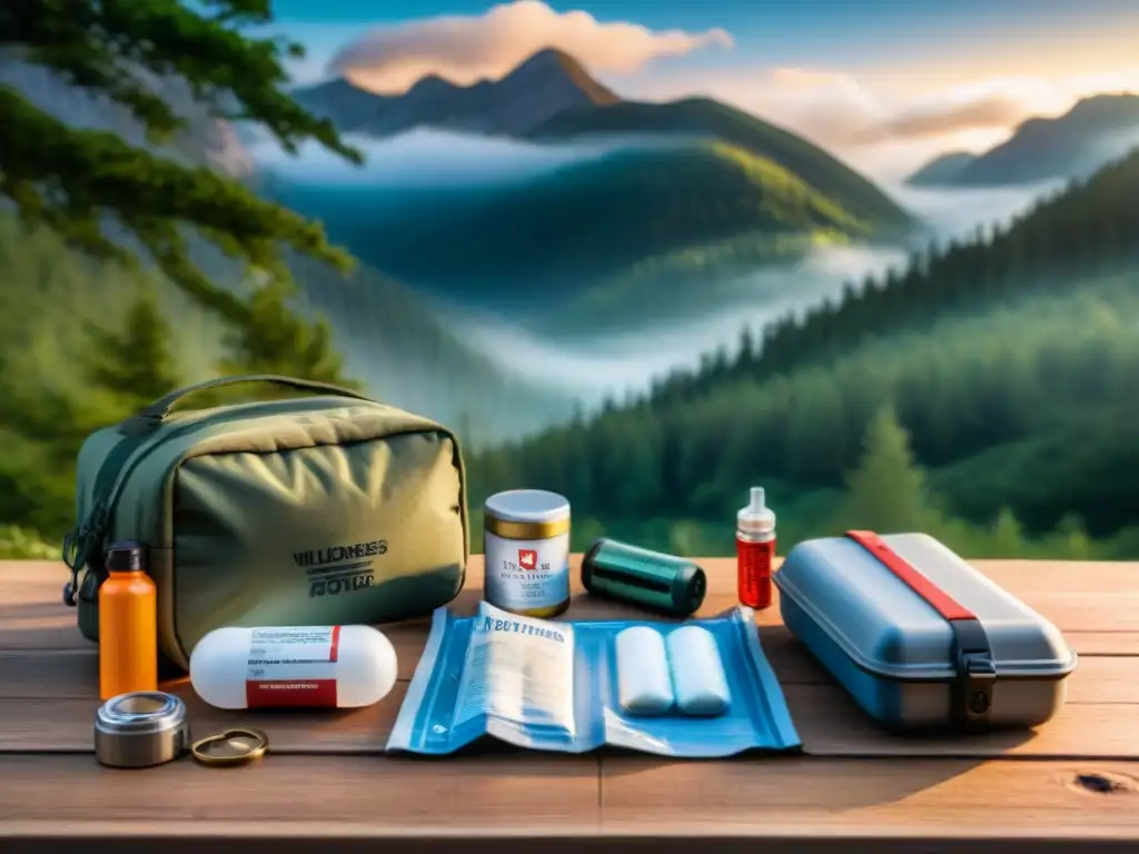 Kit de supervivencia completo para aventuras al aire libre Kit de supervivencia para camping en Uruguay, listo y organizado en mesa de madera