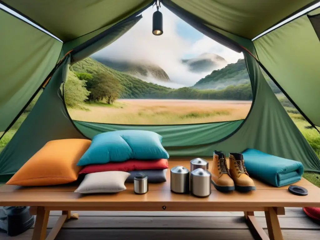 Equipo de camping de calidad para aventuras familiares en Uruguay Un kit supervivencia personalizado para camping, detallado y colorido sobre una mesa de madera bajo luz natural