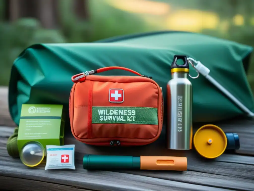 Kit de supervivencia infantil: preparación y seguridad en la naturaleza Kit de supervivencia personalizado para camping con elementos esenciales organizados en una tabla de madera