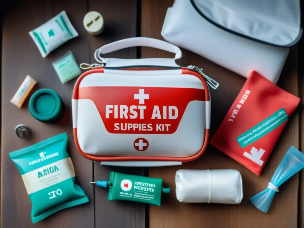 Kit de primeros auxilios compacto: seguridad en camping en Uruguay Kits primeros auxilios camping en Uruguay: Detallada imagen de un kit compacto sobre madera con utensilios de camping al fondo