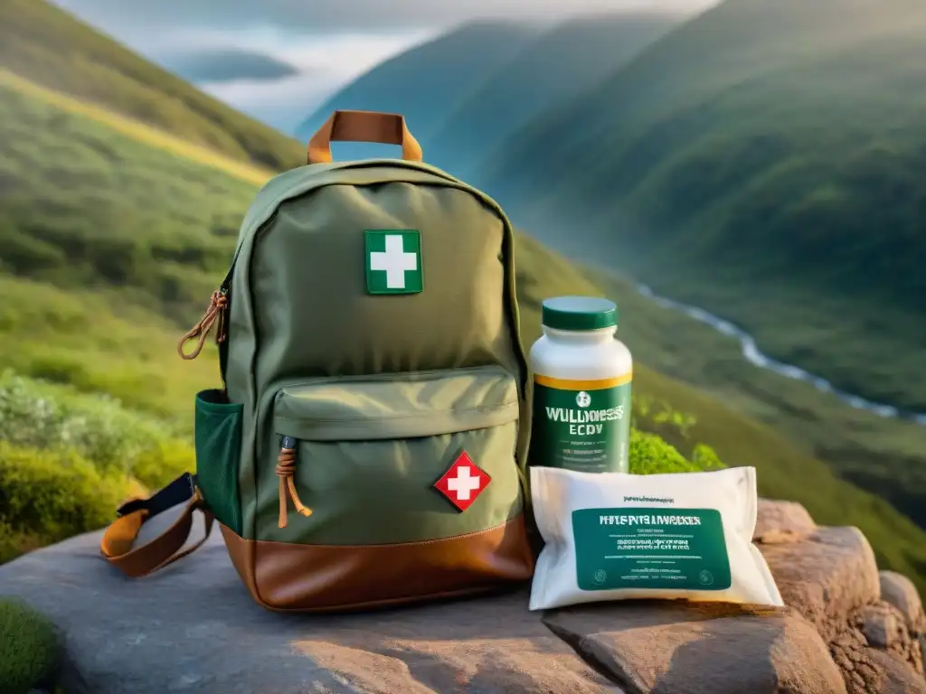 Equipo de primeros auxilios en la naturaleza uruguaya Kits de primeros auxilios organizados en una mochila en la naturaleza de Uruguay, resaltando la preparación para acampar