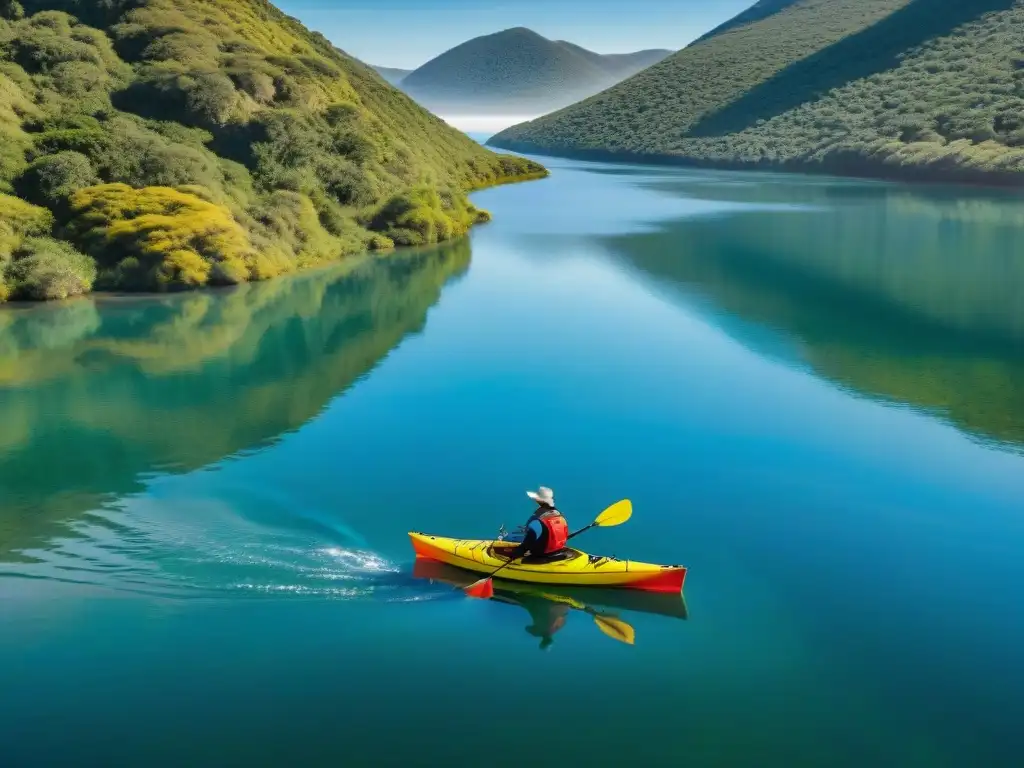 Kayak en Laguna Garzón: Belleza serena de Uruguay Explorando la Laguna Garzón en Uruguay, un kayaker se desliza en aguas serenas rodeado de naturaleza exuberante y cielo azul