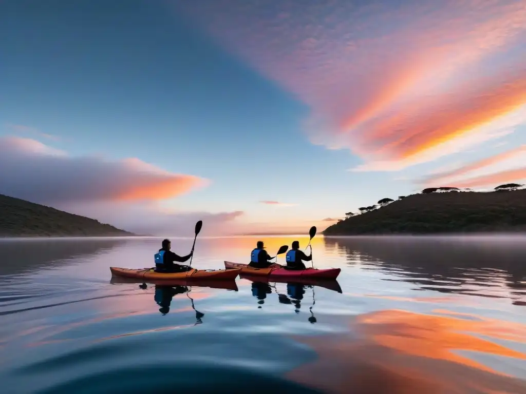 Kayakers al atardecer en Laguna Garzón, Uruguay Kayaks surcando Laguna Garzón al atardecer en Uruguay