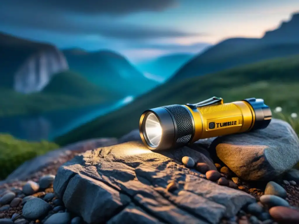 Linterna de alta calidad iluminando la noche en la montaña Linterna brillante iluminando terreno rocoso en campamento