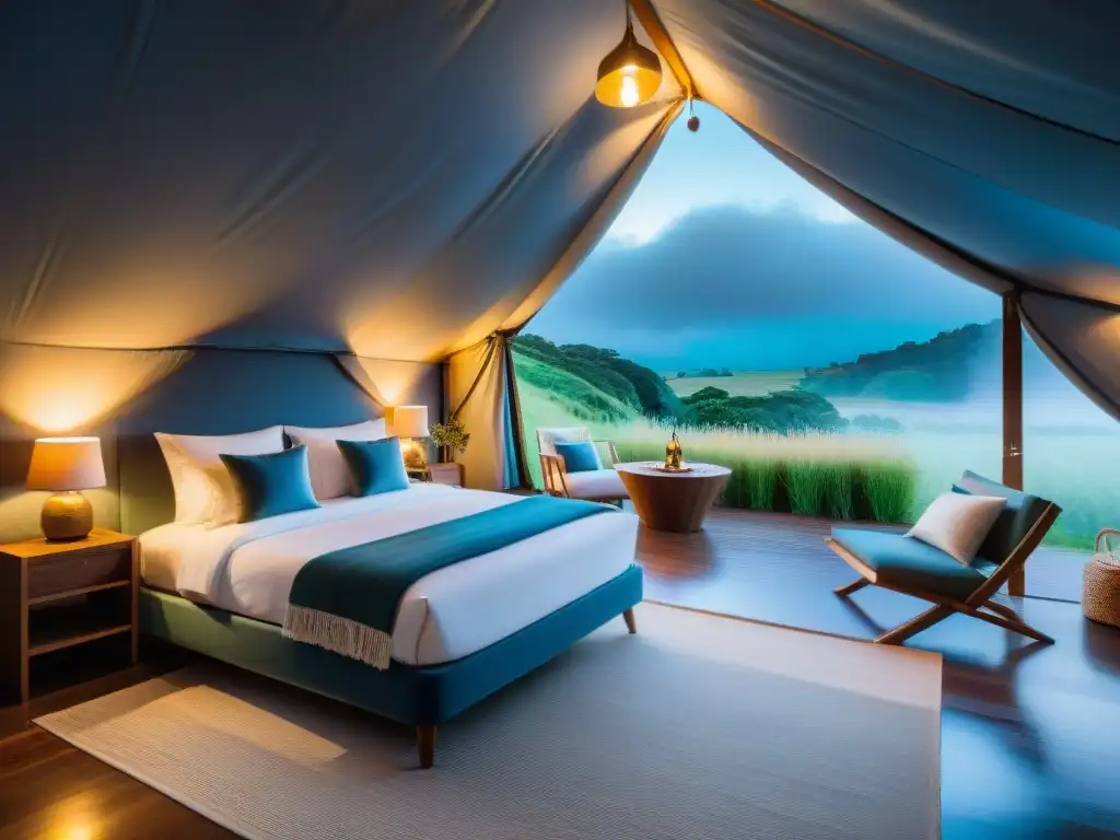 Tienda de glamping de lujo en Uruguay: sofisticación en la naturaleza Una lujosa tienda de glamping en Uruguay, rodeada de naturaleza exuberante y un arroyo tranquilo