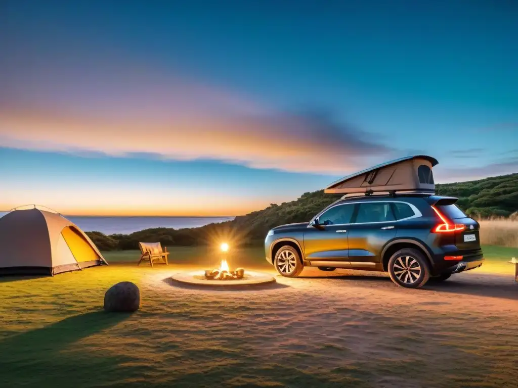 Exclusivo glamping en campamento de lujo en Uruguay Un lujoso camping con estilo en Uruguay: SUV negro en campamento con cama, equipo de camping y luces de hadas al atardecer