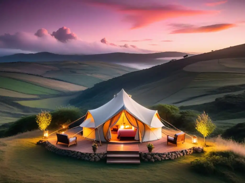Glamping de lujo en Uruguay: atardecer sereno en las colinas Un lujoso glamping en Uruguay, acogedor y elegante, iluminado por la cálida puesta de sol