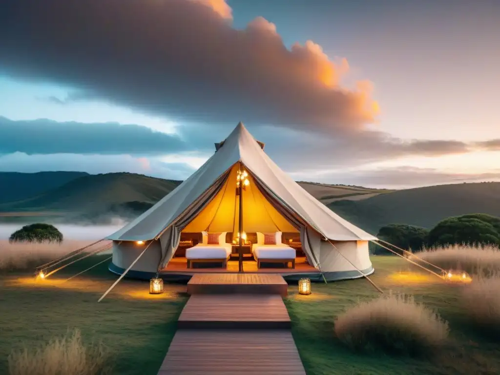 Exclusivo glamping en Uruguay: lujo en la naturaleza Un lujoso glamping en Uruguay con decoración artesanal local, en armonía con la naturaleza al atardecer