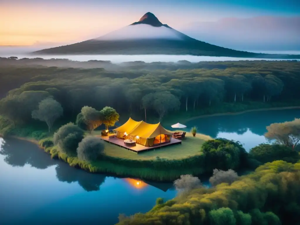 Tienda de lujo en lago sereno: glamping exclusivo en Uruguay Un lujoso glamping frente a un lago sereno en un camping exclusivo en Uruguay