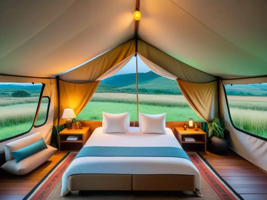 Tienda de lujo en la naturaleza: glamping en Uruguay Un lujoso glamping en Uruguay: consejos lujo, tienda en medio de la exuberante naturaleza con atardecer sereno