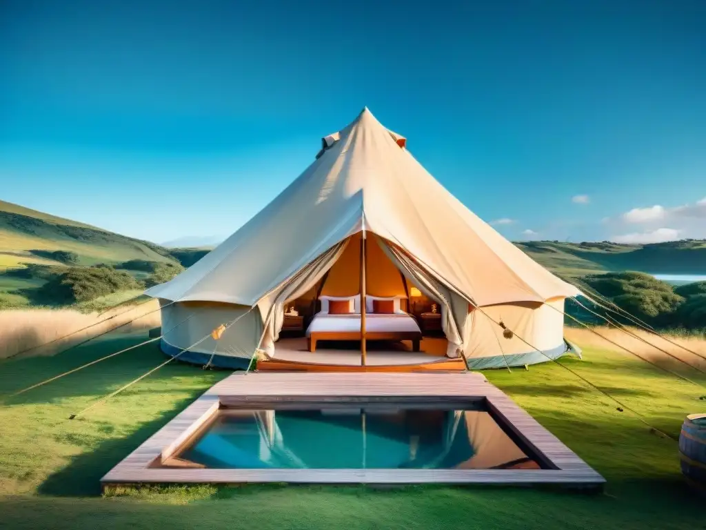 Glamping de lujo en Uruguay: tienda elegante en la naturaleza Un lujoso glamping en Uruguay rodeado de naturaleza serena y vistas impresionantes