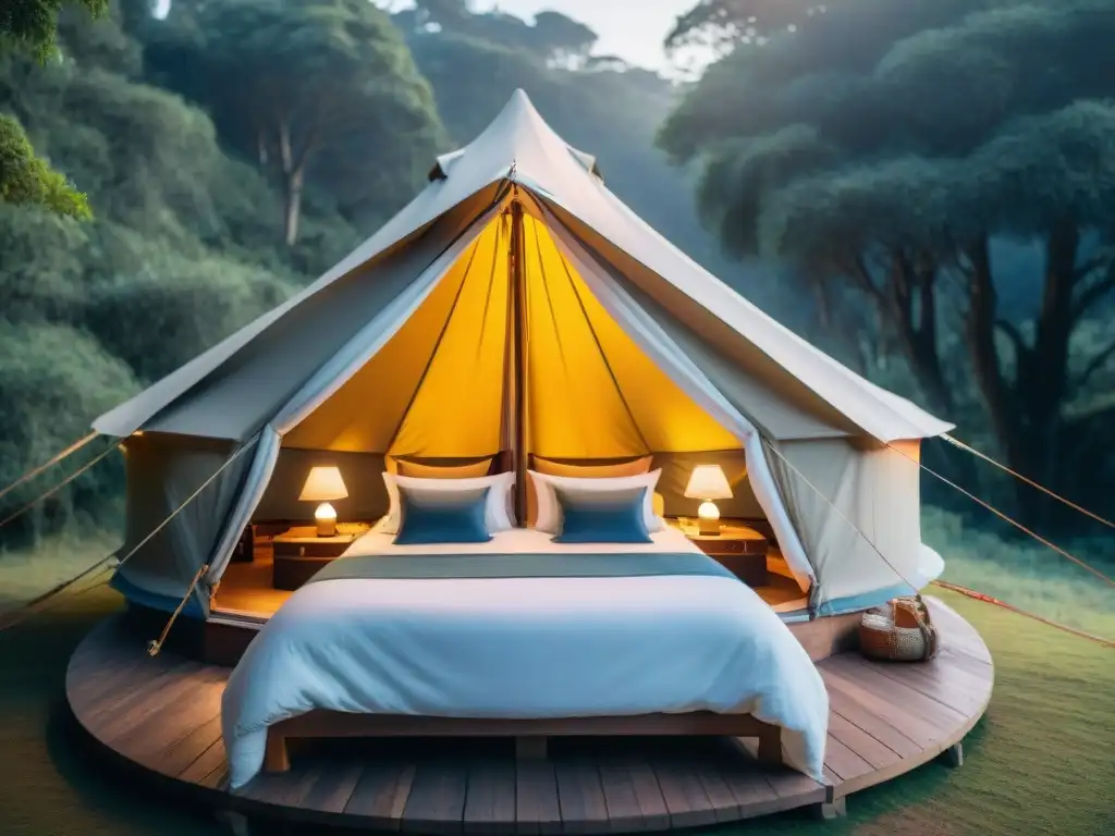 Glamping de lujo en Uruguay: tienda elegante en bosque exuberante Un lujoso glamping en Uruguay con servicios y comodidades en medio de un bosque verde
