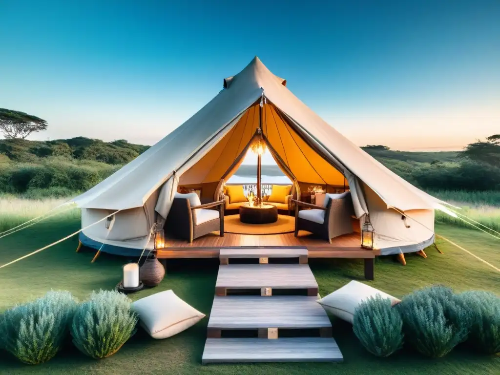 Glamping de lujo en Uruguay: tienda elegante en la naturaleza Un lujoso glamping en Uruguay: tienda elegante con decoración chic y cálida iluminación, rodeada de exuberante naturaleza