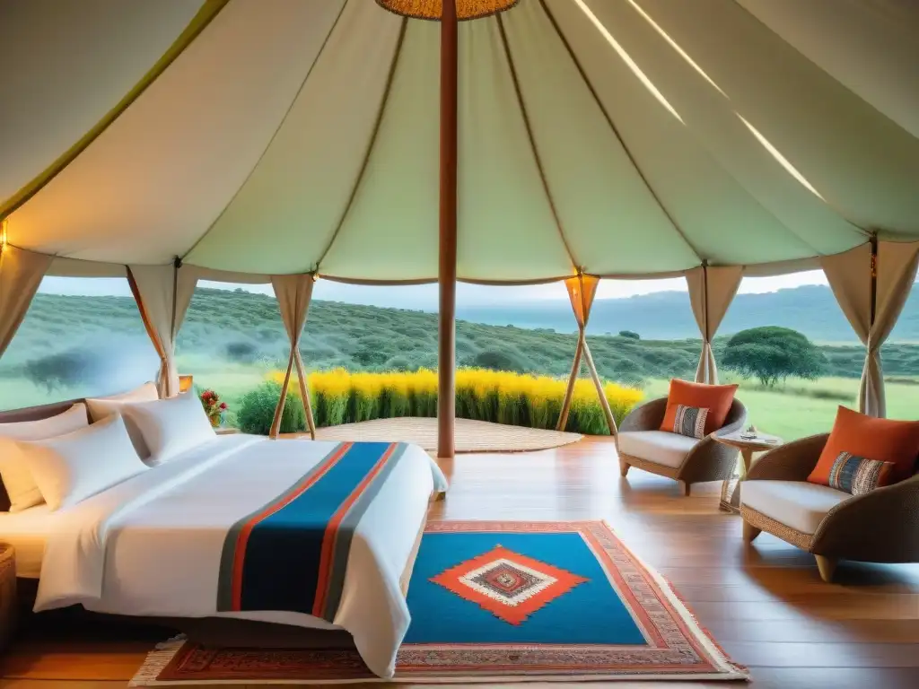 Glamping de lujo en Uruguay: tradición y naturaleza Un lujoso glamping en Uruguay con tradiciones locales: decoración autóctona, naturaleza exuberante y actividades culturales