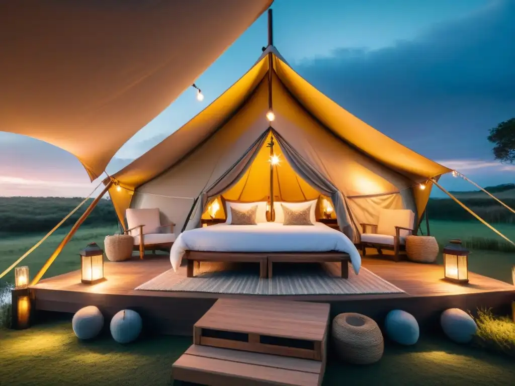 Exclusiva tienda de glamping en Uruguay: lujo en la naturaleza Un lujoso mobiliario para glamping de lujo en una tienda rodeada de exuberante vegetación y un lago al atardecer