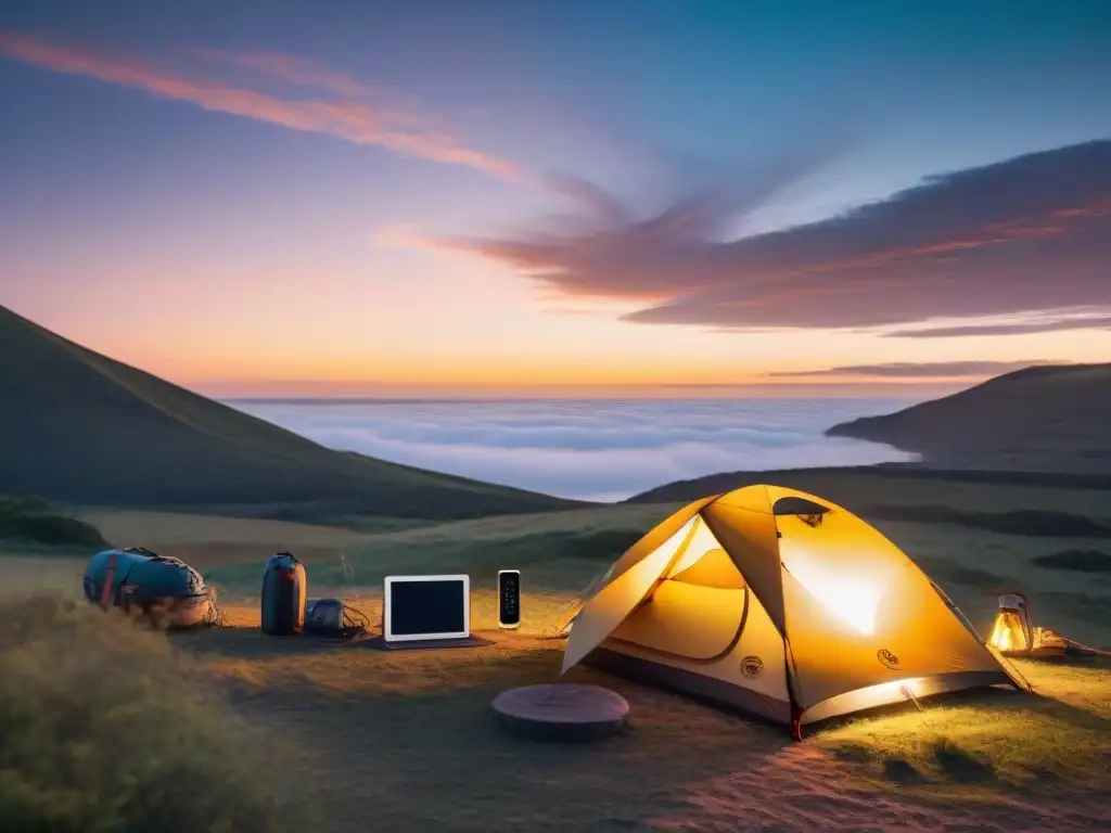 Campamento dorado al atardecer en Uruguay: esencial tranquilidad Mágico atardecer en campamento en Uruguay con tienda iluminada y batería portátil