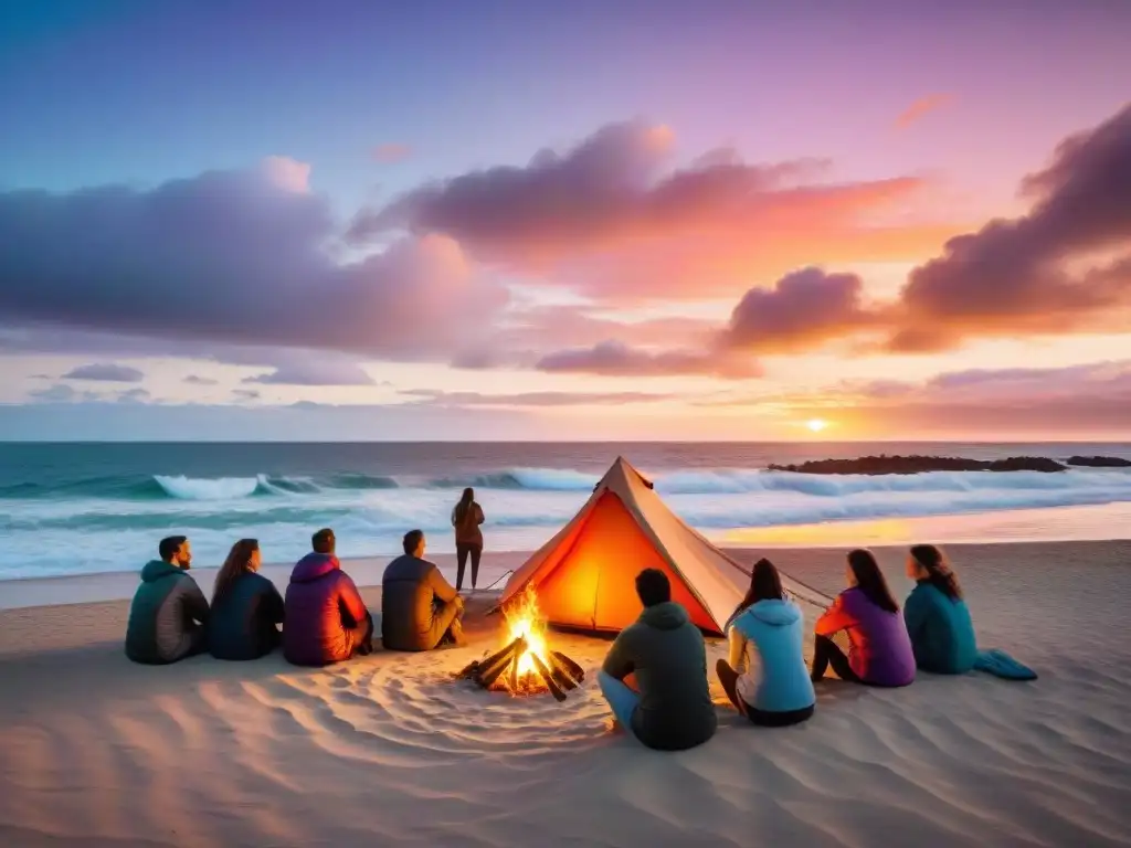 Campamento mágico en playa uruguaya al atardecer Un mágico atardecer en una playa de Uruguay, campistas alrededor de una fogata con actividades camping playas Uruguay