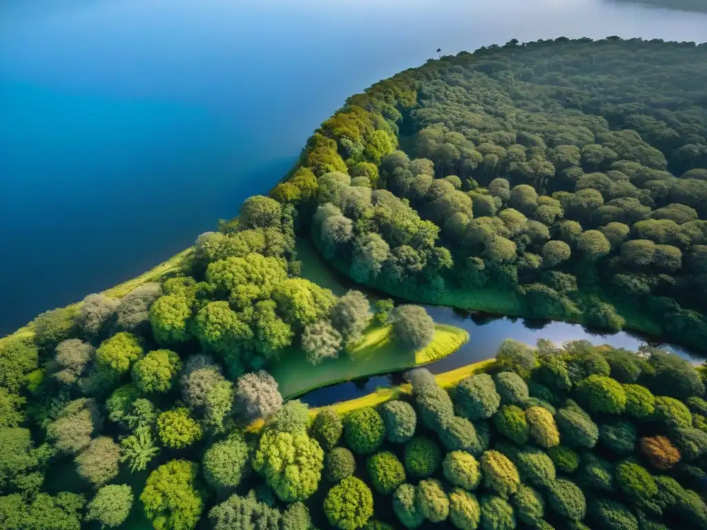 Espléndida vista aérea de un bosque verde en Uruguay Un mágico campamento en Uruguay, entre bosques verdes y río serpenteante bajo el cielo azul