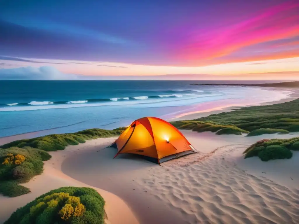 Campamento mágico en playa de Uruguay al atardecer Un mágico campamento en la mejor playa de Uruguay al atardecer con amigos alrededor de la fogata