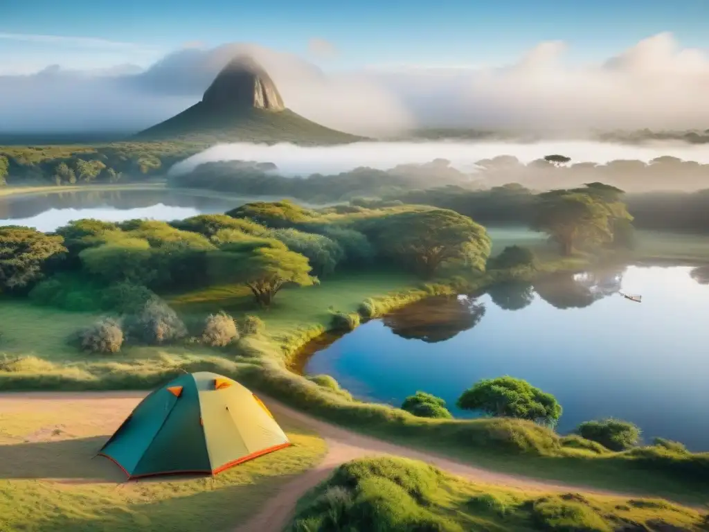 Campamento sereno en Uruguay: tienda acogedora junto al lago al amanecer Un mágico camping en Uruguay con una tienda acogedora entre la naturaleza, junto a un lago al amanecer