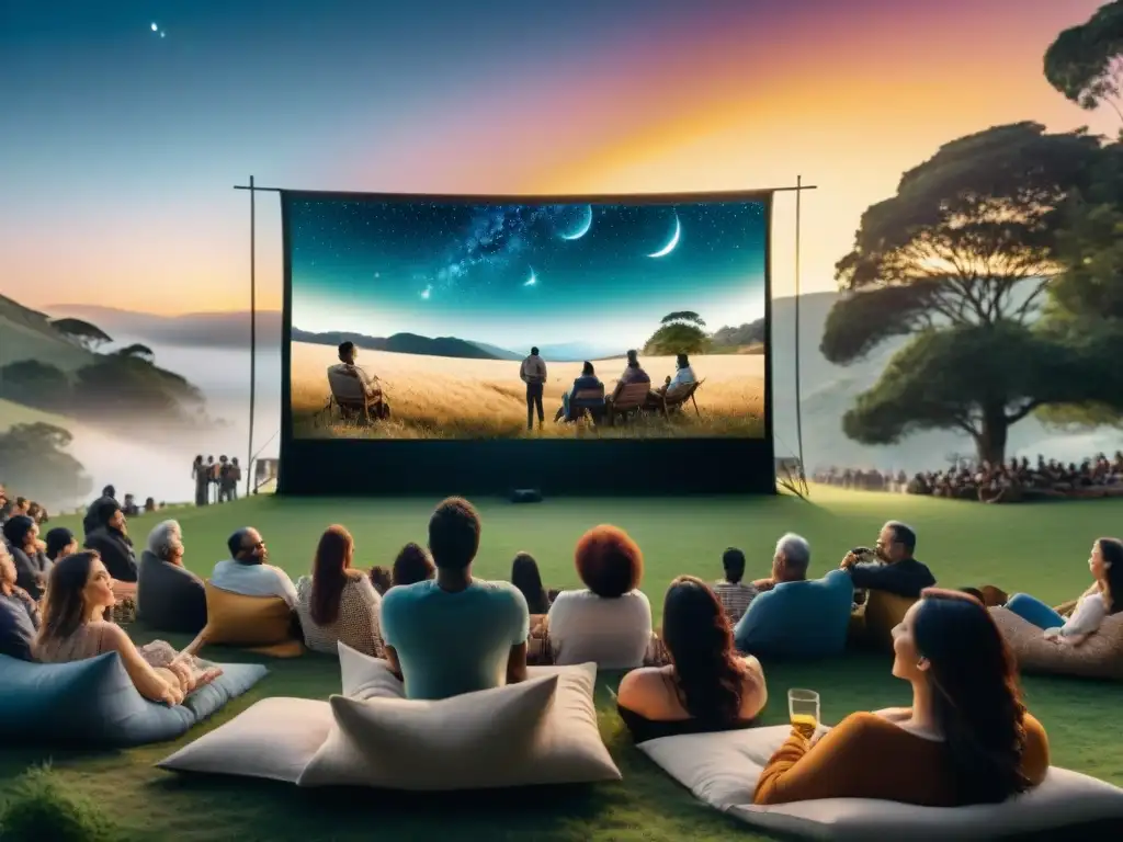 Proyección estelar: comunidad disfrutando cine al aire libre Un mágico cine al aire libre bajo las estrellas, comunidad disfrutando del cine uruguayo