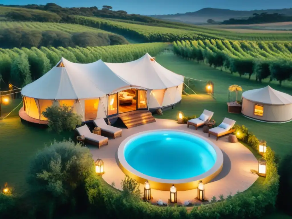 Glamping de lujo entre viñedos en Uruguay: atardecer dorado y relax Un mágico glamping inolvidable en Uruguay entre viñedos, luces doradas del atardecer y paisajes serenos