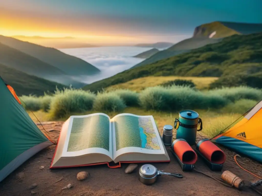 Mapa de camping en Uruguay: aventura y misterio en la naturaleza Un mágico mapa de camping en Uruguay en una guía desgastada, con anotaciones de aventureros