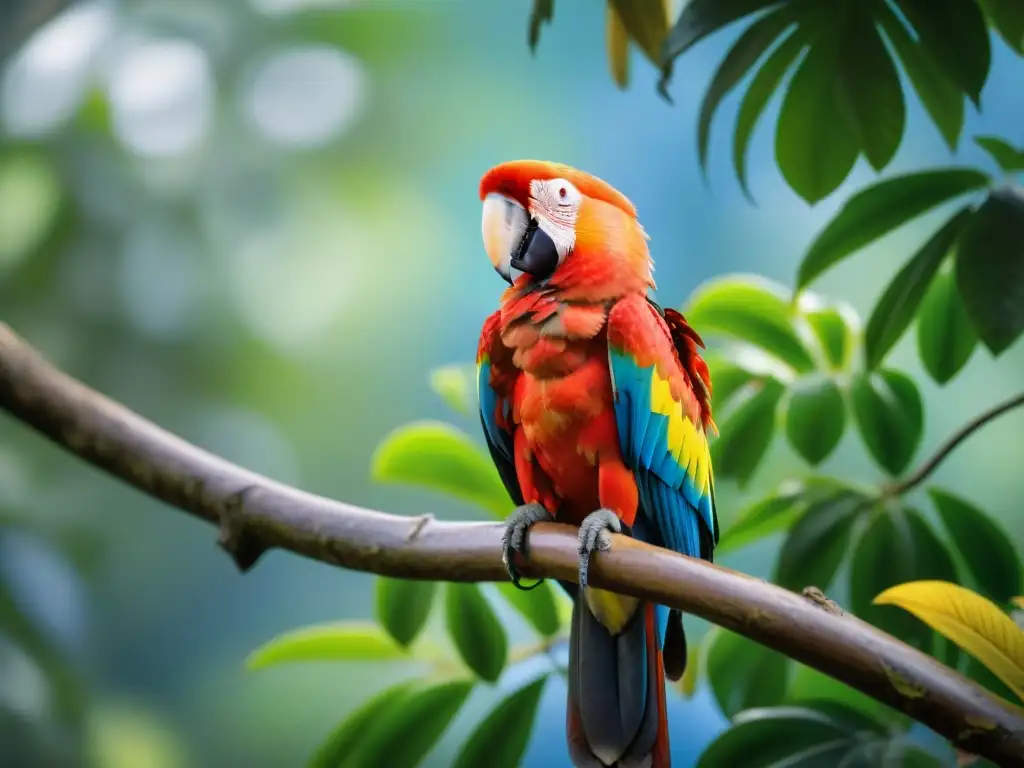 Esplendor escarlata: Detalle de guacamayo en selva tropical de Uruguay Magnífica Guacamaya Escarlata en selva tropical de Uruguay