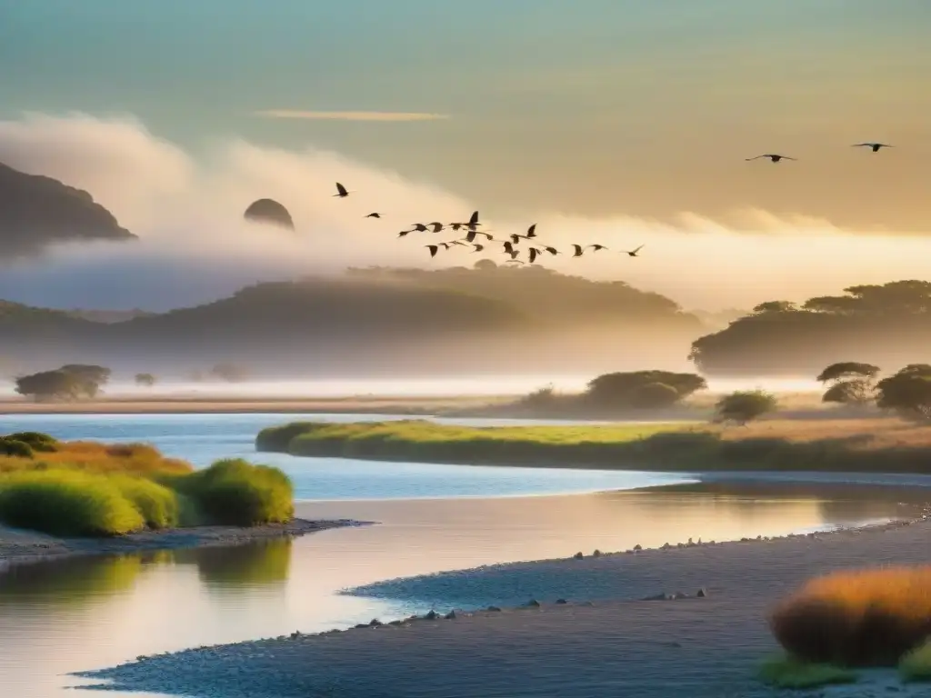 Espectáculo de aves nativas sobre el Río de la Plata Majestuosas aves uruguayas vuelan sobre el Río de la Plata, destacando la diversidad de especies