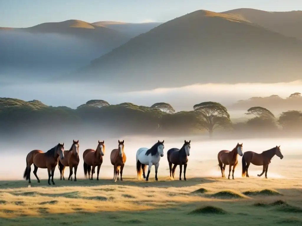 Magia campestre: campamento con caballos salvajes al amanecer en Uruguay Majestuoso amanecer en el campo uruguayo con caballos salvajes pastando en la niebla