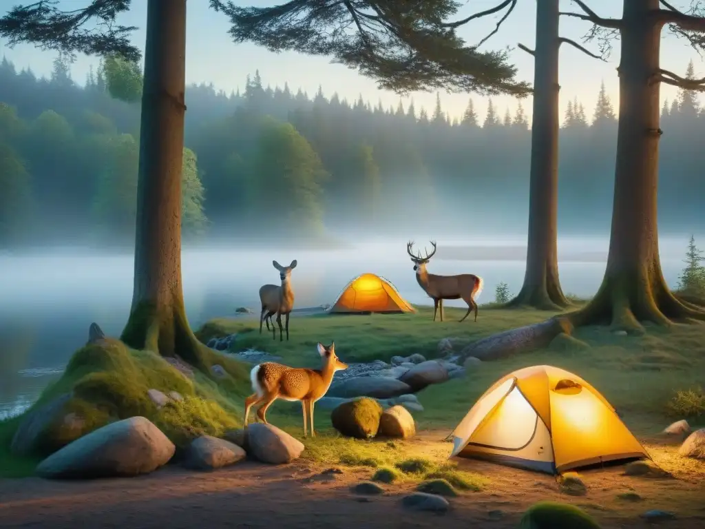 Campamento en el bosque: armonía entre campistas y fauna silvestre Majestuoso campamento al atardecer en el bosque, donde conviven armoniosamente campistas responsables y fauna local
