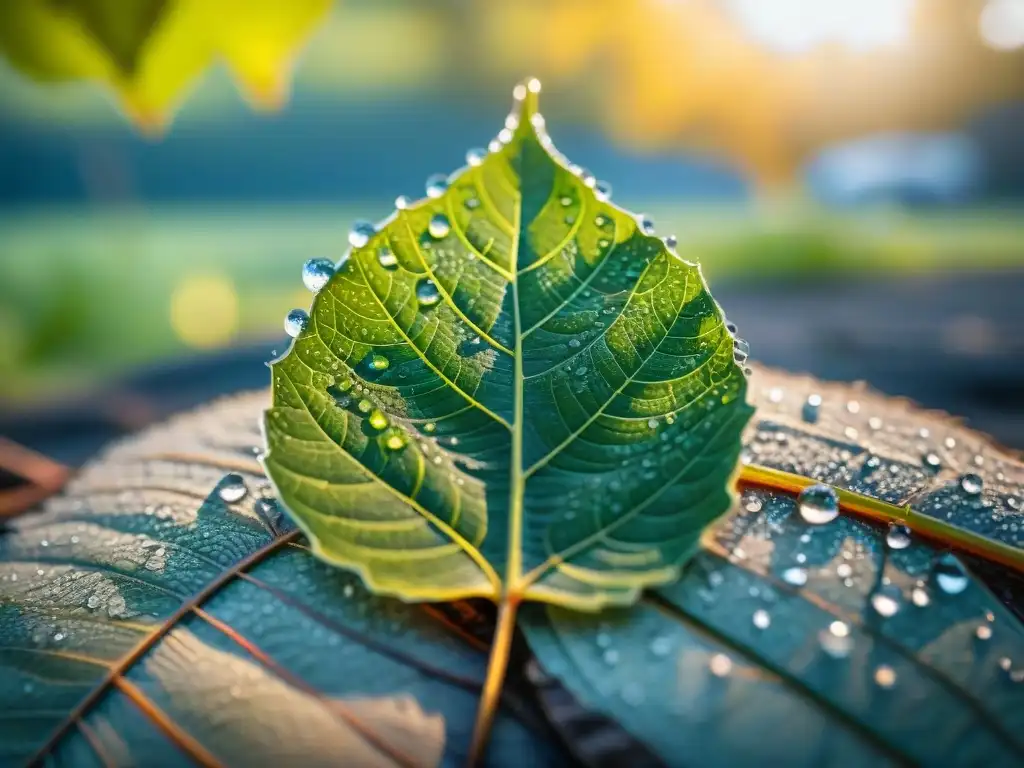 Detalles mágicos: hoja verde con gotas de rocío en camping al amanecer Un majestuoso detalle de una hoja verde con gotas de rocío en un camping, ideal para equipos de macrofotografía para camping