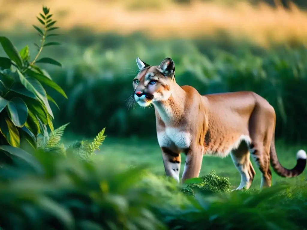 Sigiloso Puma en la selva uruguaya: belleza salvaje Fotografiar fauna uruguaya: Puma majestuoso acechando en la exuberante jungla con mirada intensa en su presa