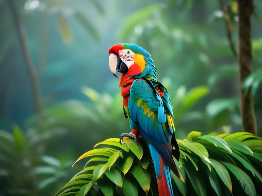 Esplendor macaw: detalle vibrante en el bosque de Uruguay Un majestuoso Guacamayo Escarlata en la exuberante selva de Uruguay