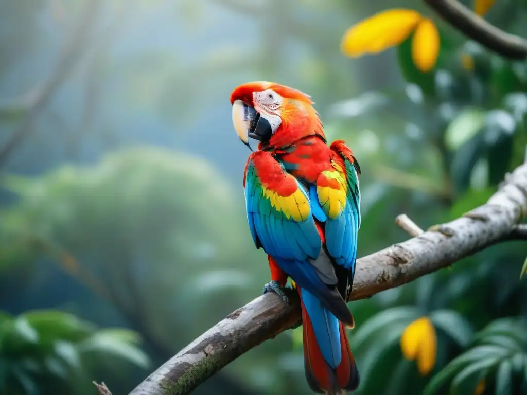Espléndido Guacamayo Escarlata en Bosque de Uruguay Un majestuoso Guacamayo Escarlata posado en una rama en los exuberantes bosques de Uruguay, iluminado por el sol filtrado entre el dosel
