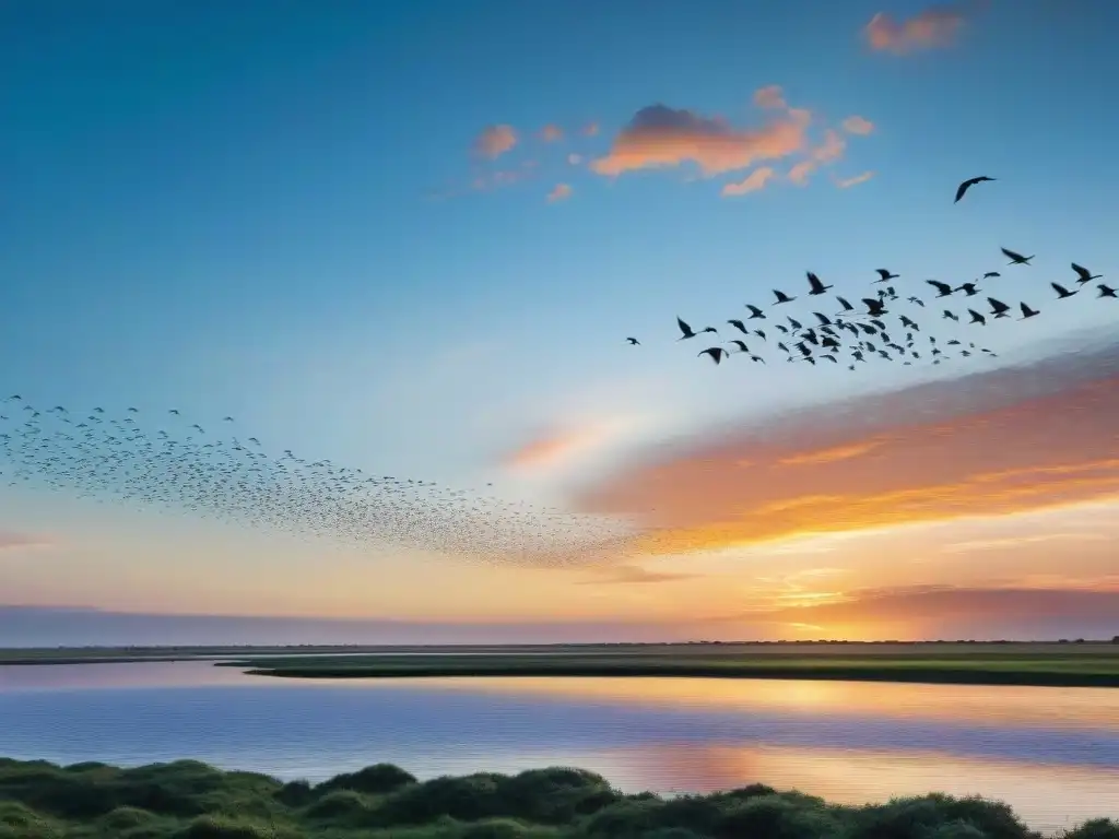 Espectáculo alado: aves migratorias en Uruguay Un majestuoso vuelo de aves migratorias en Uruguay bajo un atardecer radiante
