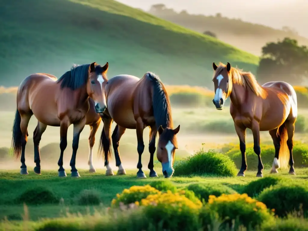 Manada de caballos salvajes en campo verde al amanecer Manada de caballos salvajes en un campo verde al amanecer en Uruguay