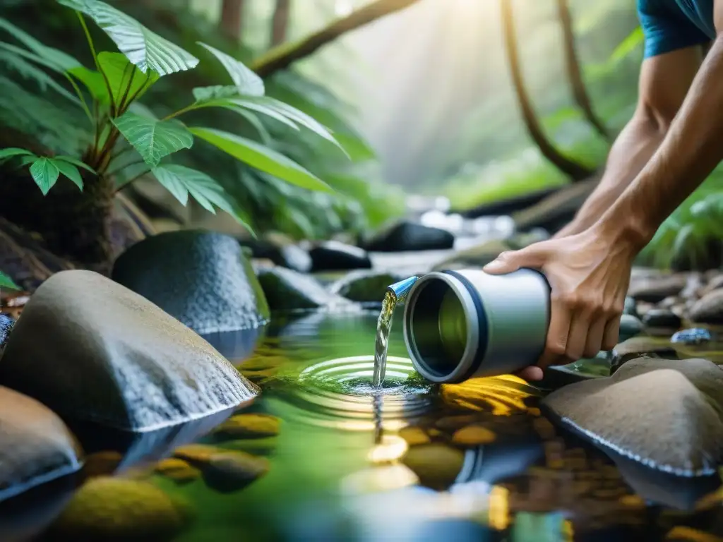 Agua pura en la naturaleza: filtración efectiva Mano vertiendo agua de arroyo en sistema de filtración para camping