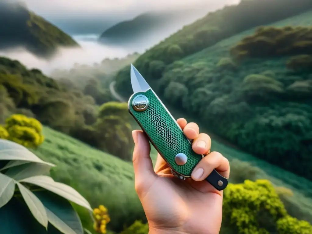 Navaja multitool en mano: herramienta esencial para aventuras en Uruguay Mano sostiene cuchillo multitool en bosque de Uruguay, resaltando kit supervivencia camping