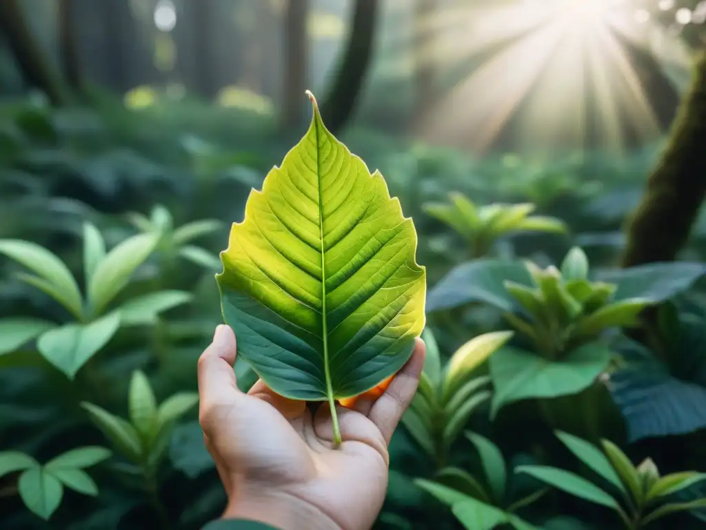 Detalle de mano sosteniendo hoja verde en bosque de Uruguay Una mano sostiene con cuidado una hoja verde vibrante en un exuberante bosque de Uruguay
