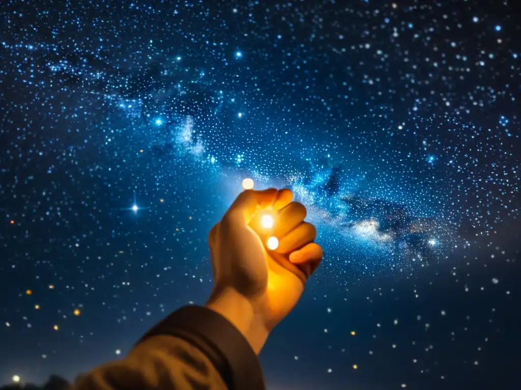 Mano sostiene mapa estelar detallado bajo cielo estrellado Una mano sostiene un detallado mapa estelar bajo un cielo nocturno lleno de estrellas brillantes